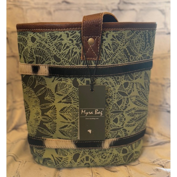 Myra Bag Handbags - Myra Wine Bag Tote Bag Green Floral Print Leather Trim Cowhide Accent NWT